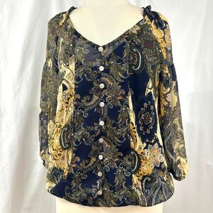 FIG AND FLOWER Navy Yellow Paisley Button Peasant Blouse V Neck Women M Bohemian